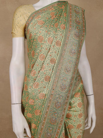 Pista Green Floral Zari Woven Silk Saree with Stonework Border - Diadem