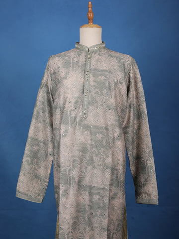 Pista Green Mirror Work Cotton Kurta for Men - Diadem