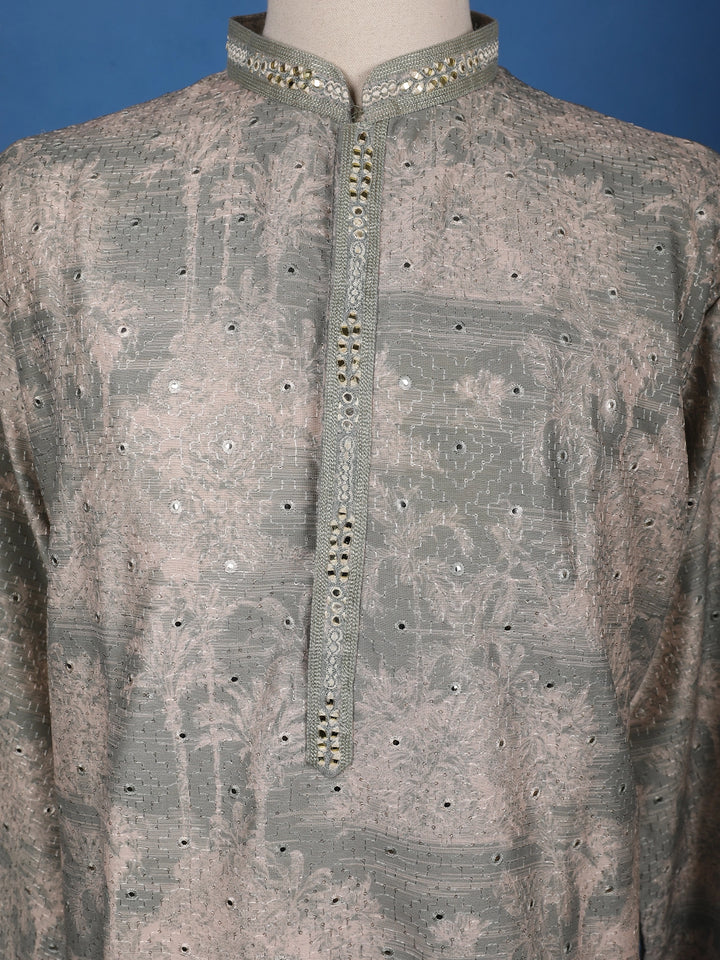 Pista Green Mirror Work Cotton Kurta for Men - Diadem