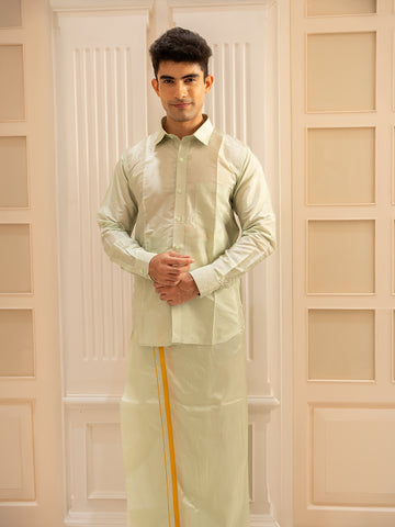 Pista Green Plain Semi Silk Full-Sleeve Shirt with Matching Dhoti Set - Diadem