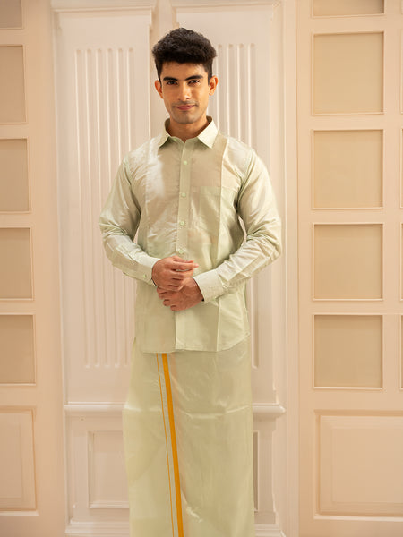 Pista Green Plain Semi Silk Full-Sleeve Shirt with Matching Dhoti Set - Diadem
