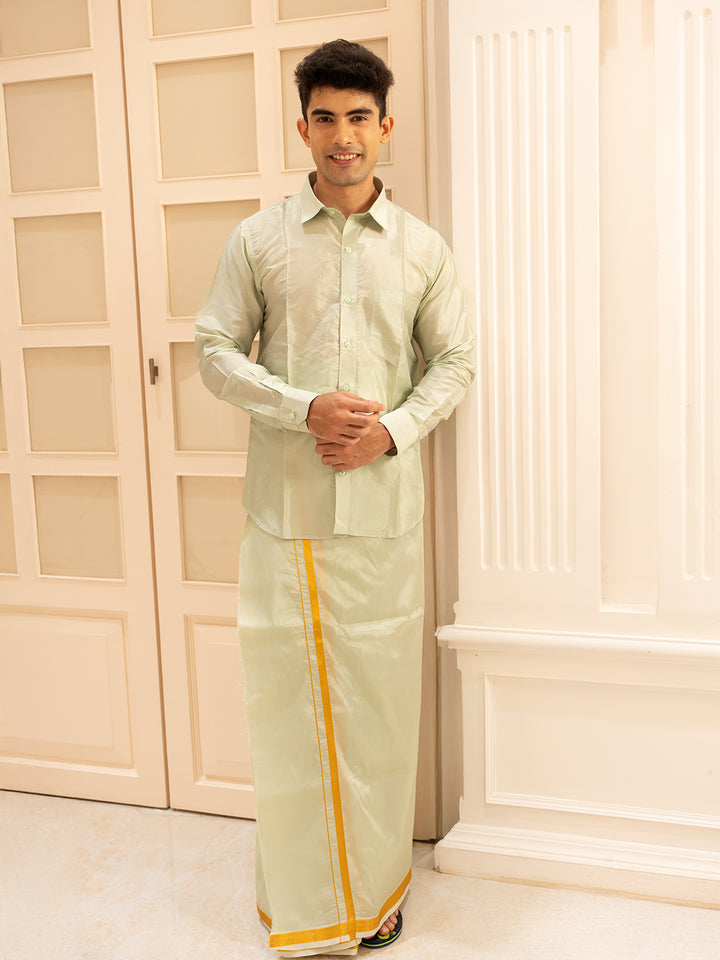 Pista Green Plain Semi Silk Full-Sleeve Shirt with Matching Dhoti Set - Diadem