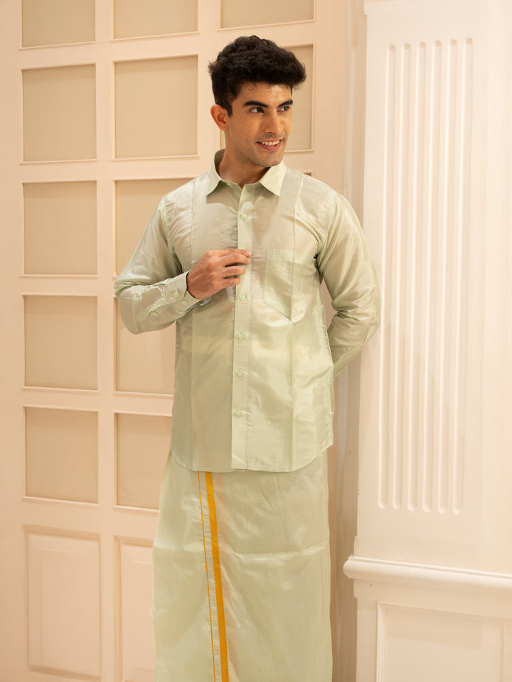 Pista Green Plain Semi Silk Full-Sleeve Shirt with Matching Dhoti Set - Diadem