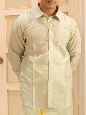 Pista Green Plain Semi Silk Full-Sleeve Shirt with Matching Dhoti Set - Diadem