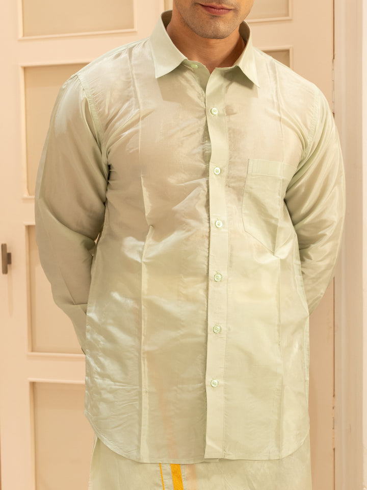 Pista Green Plain Semi Silk Full-Sleeve Shirt with Matching Dhoti Set - Diadem