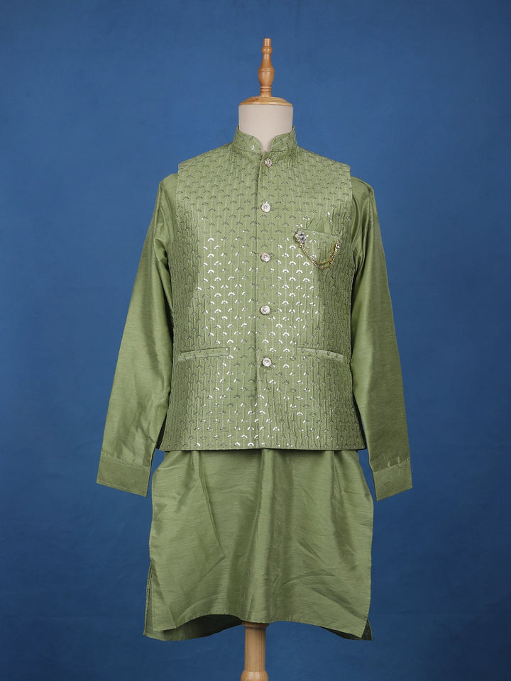 Pista Green Sequin Embroidered Brocade Kurta Pyjama - Diadem