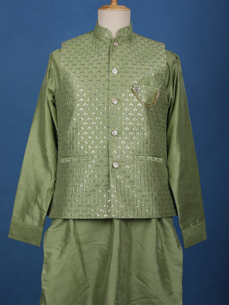 Pista Green Sequin Embroidered Brocade Kurta Pyjama - Diadem