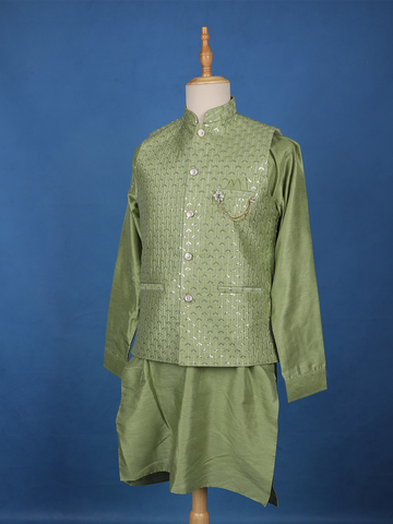 Pista Green Sequin Embroidered Brocade Kurta Pyjama - Diadem