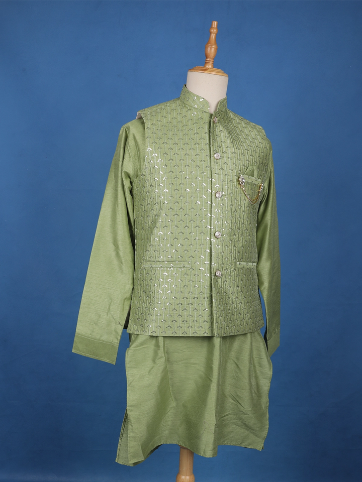 Pista Green Sequin Embroidered Brocade Kurta Pyjama - Diadem