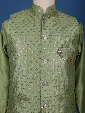 Pista Green Sequin Embroidered Brocade Kurta Pyjama - Diadem