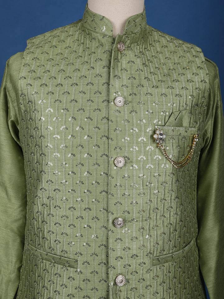 Pista Green Sequin Embroidered Brocade Kurta Pyjama - Diadem