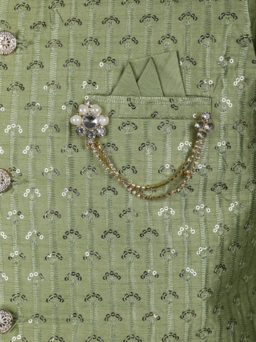 Pista Green Sequin Embroidered Brocade Kurta Pyjama - Diadem