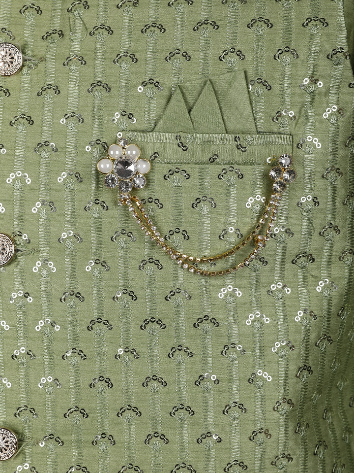 Pista Green Sequin Embroidered Brocade Kurta Pyjama - Diadem