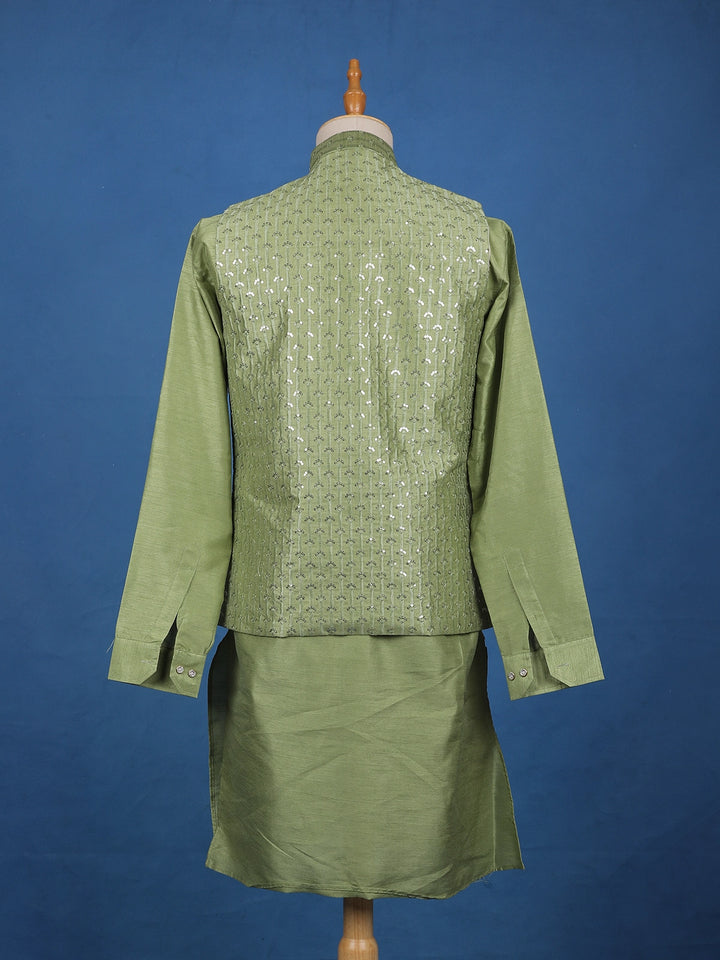 Pista Green Sequin Embroidered Brocade Kurta Pyjama - Diadem