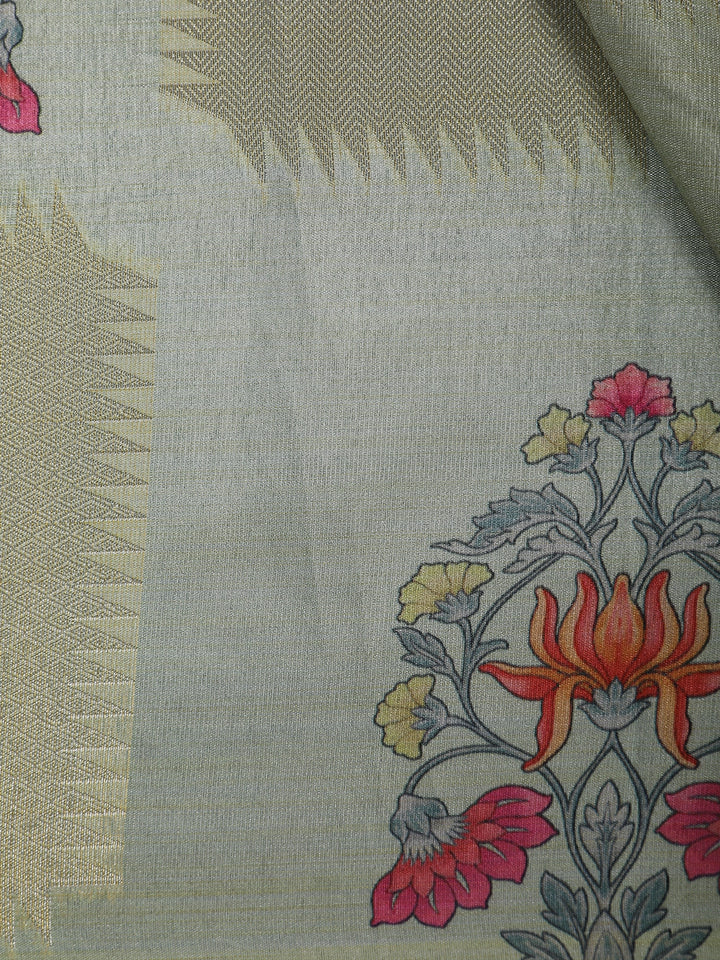 Pista Green floral Design Semi Tissue Saree - Diadem