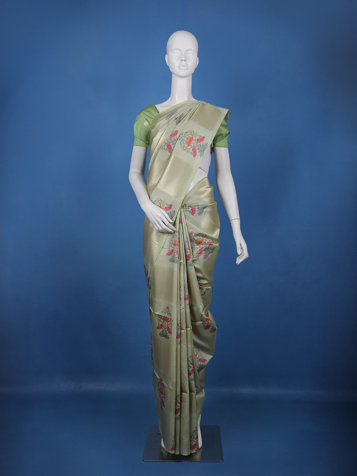 Pista Green floral Design Semi Tissue Saree - Diadem