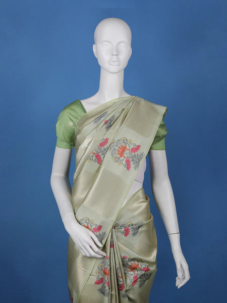 Pista Green floral Design Semi Tissue Saree - Diadem