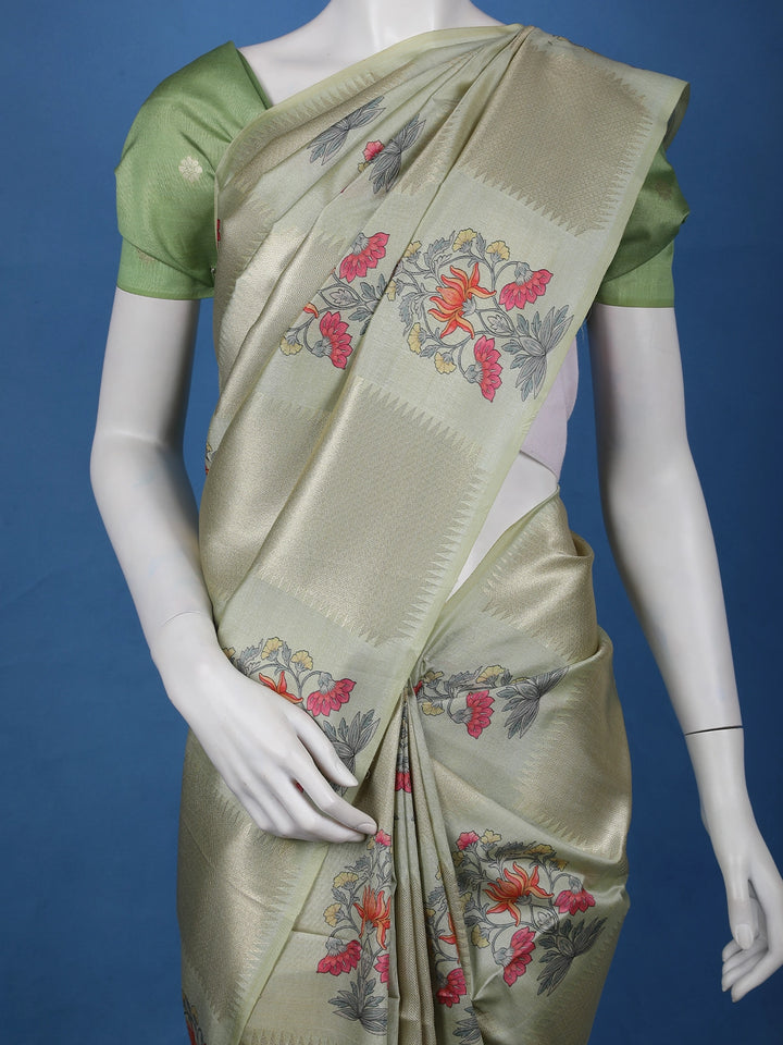 Pista Green floral Design Semi Tissue Saree - Diadem