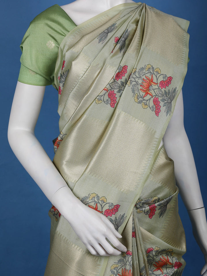 Pista Green floral Design Semi Tissue Saree - Diadem