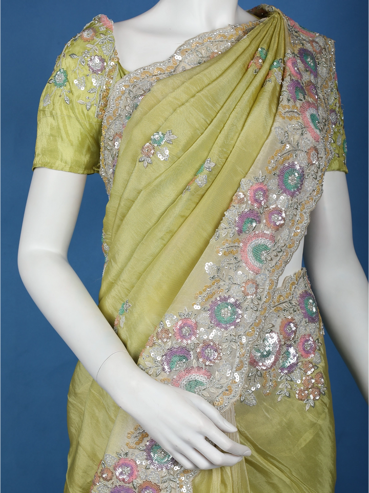 Pista Green Floral Designed Organza Designer Saree - Diadem