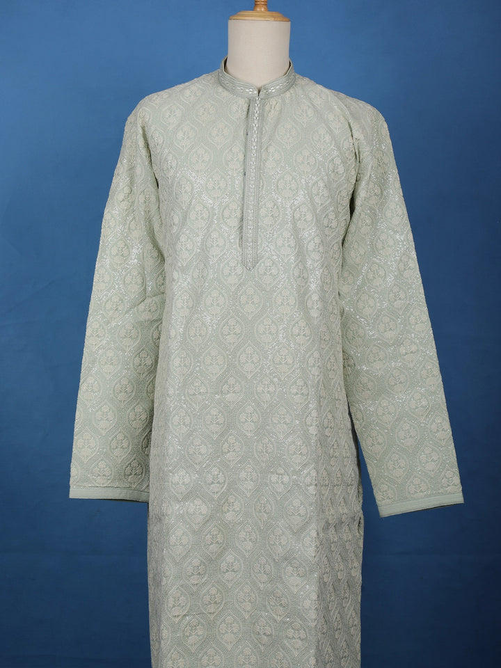 Pista Green Floral Embroidered Cotton Kurta for Men - Diadem