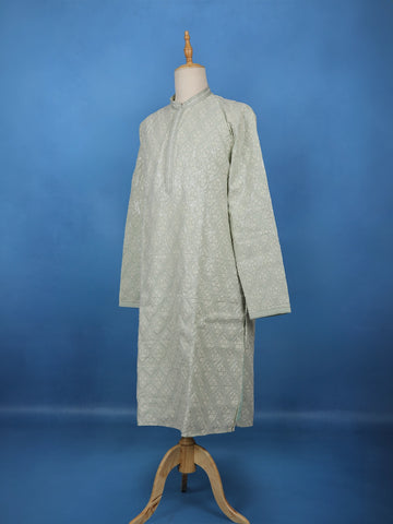 Pista Green Floral Embroidered Cotton Kurta for Men - Diadem