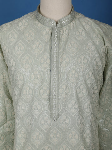 Pista Green Floral Embroidered Cotton Kurta for Men - Diadem