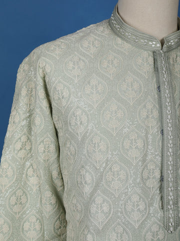 Pista Green Floral Embroidered Cotton Kurta for Men - Diadem