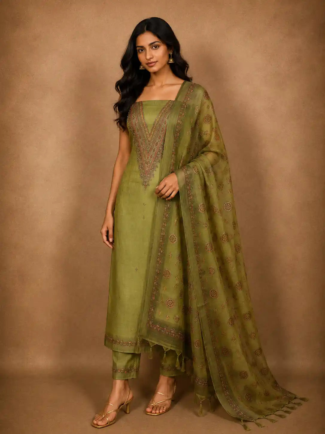Pista Green Floral Embroidered Design Tissue Unstitched Salwar Material with Dupatta