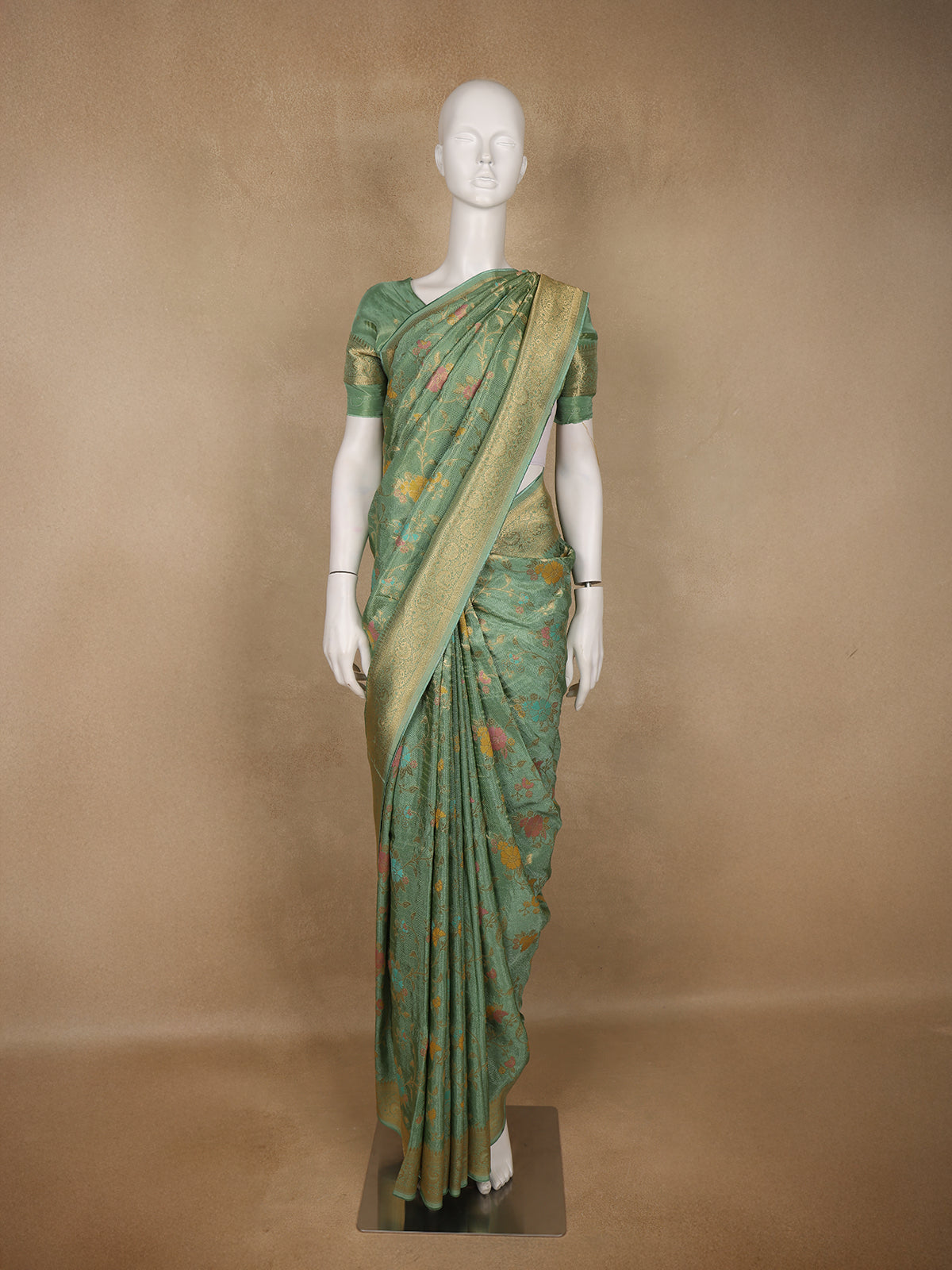 Pista Green Floral Woven Banarasi Silk Saree with Zari Border - Diadem