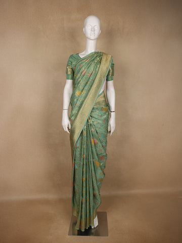 Pista Green Floral Woven Banarasi Silk Saree with Zari Border - Diadem
