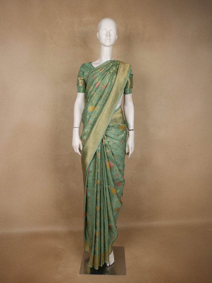 Pista Green Floral Woven Banarasi Silk Saree with Zari Border - Diadem