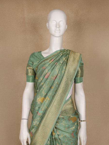 Pista Green Floral Woven Banarasi Silk Saree with Zari Border - Diadem