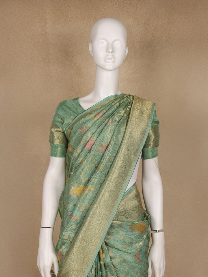 Pista Green Floral Woven Banarasi Silk Saree with Zari Border - Diadem