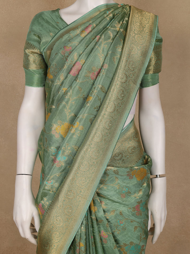 Pista Green Floral Woven Banarasi Silk Saree with Zari Border - Diadem