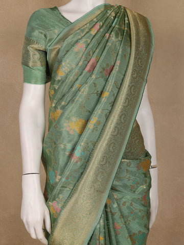 Pista Green Floral Woven Banarasi Silk Saree with Zari Border - Diadem