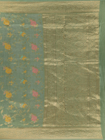 Pista Green Floral Woven Banarasi Silk Saree with Zari Border - Diadem