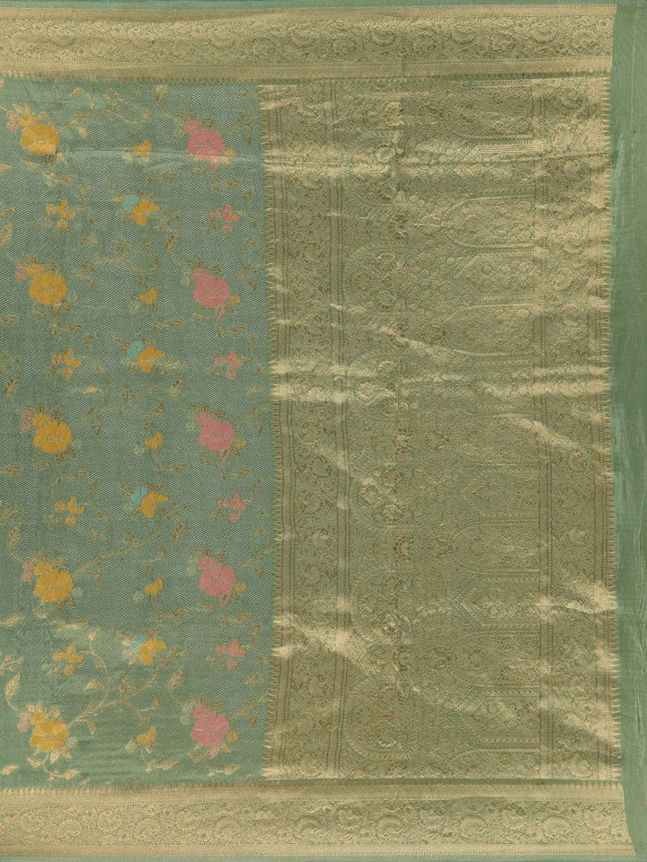 Pista Green Floral Woven Banarasi Silk Saree with Zari Border - Diadem
