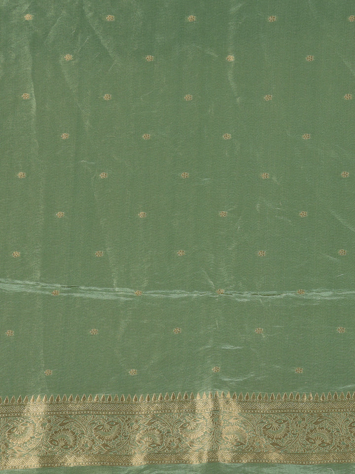 Pista Green Floral Woven Banarasi Silk Saree with Zari Border - Diadem