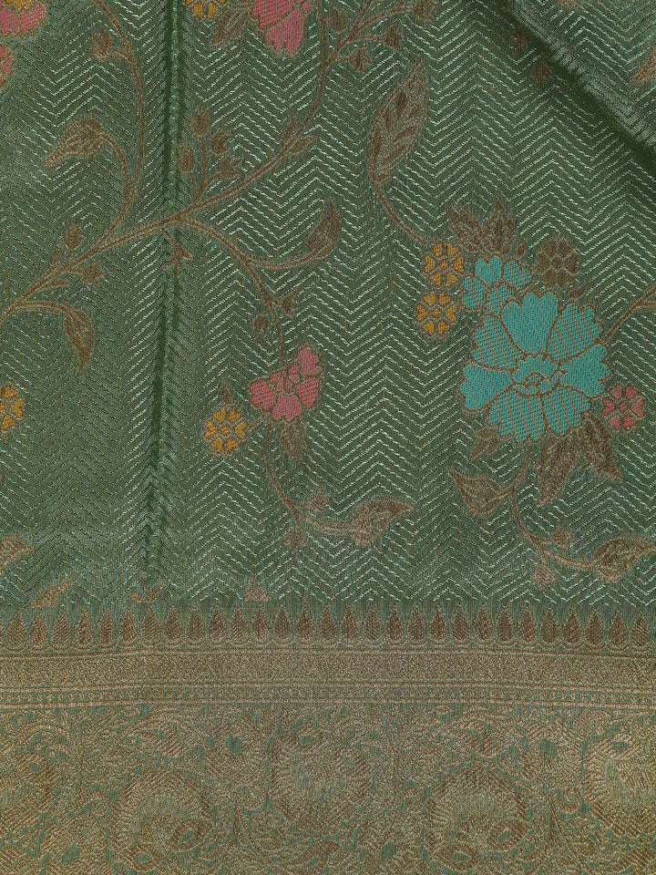 Pista Green Floral Woven Banarasi Silk Saree with Zari Border - Diadem