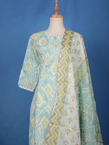 Pista Green Ikat Design Printed Cotton Salwar Suit - Diadem