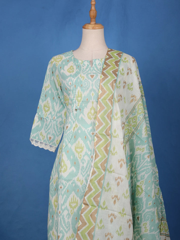 Pista Green Ikat Design Printed Cotton Salwar Suit - Diadem