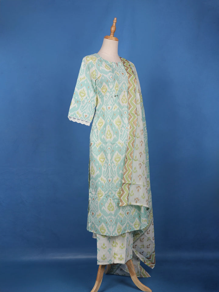 Pista Green Ikat Design Printed Cotton Salwar Suit - Diadem