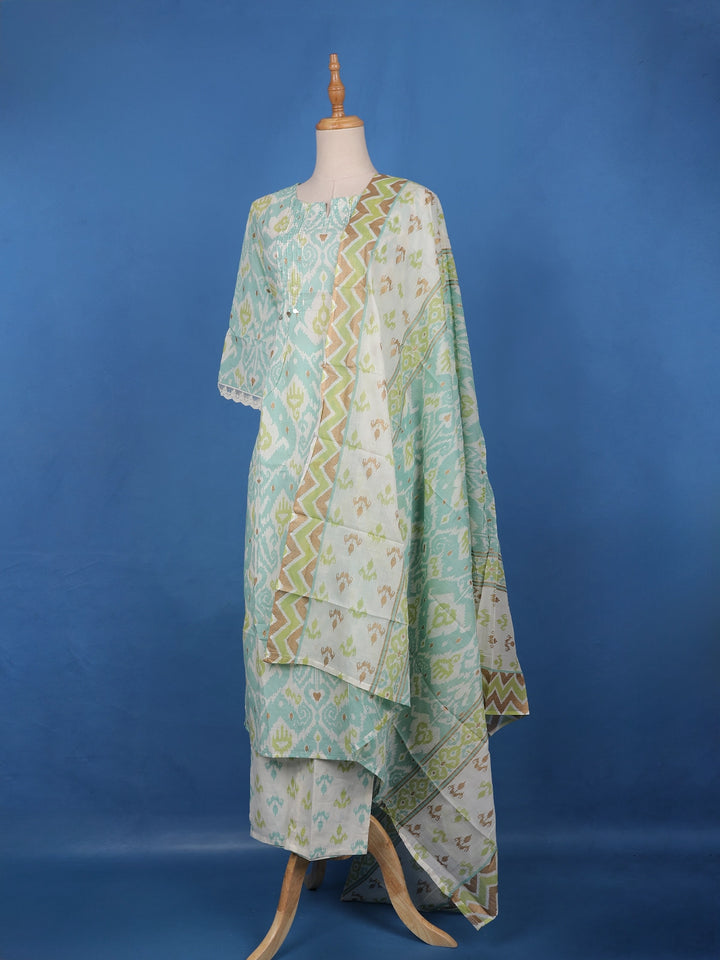 Pista Green Ikat Design Printed Cotton Salwar Suit - Diadem