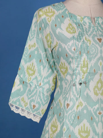 Pista Green Ikat Design Printed Cotton Salwar Suit - Diadem