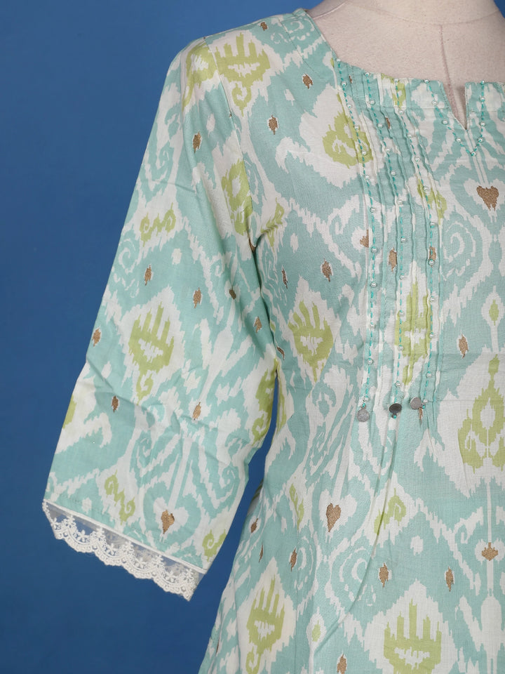 Pista Green Ikat Design Printed Cotton Salwar Suit - Diadem