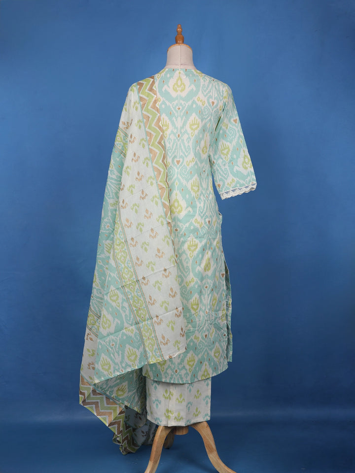 Pista Green Ikat Design Printed Cotton Salwar Suit - Diadem
