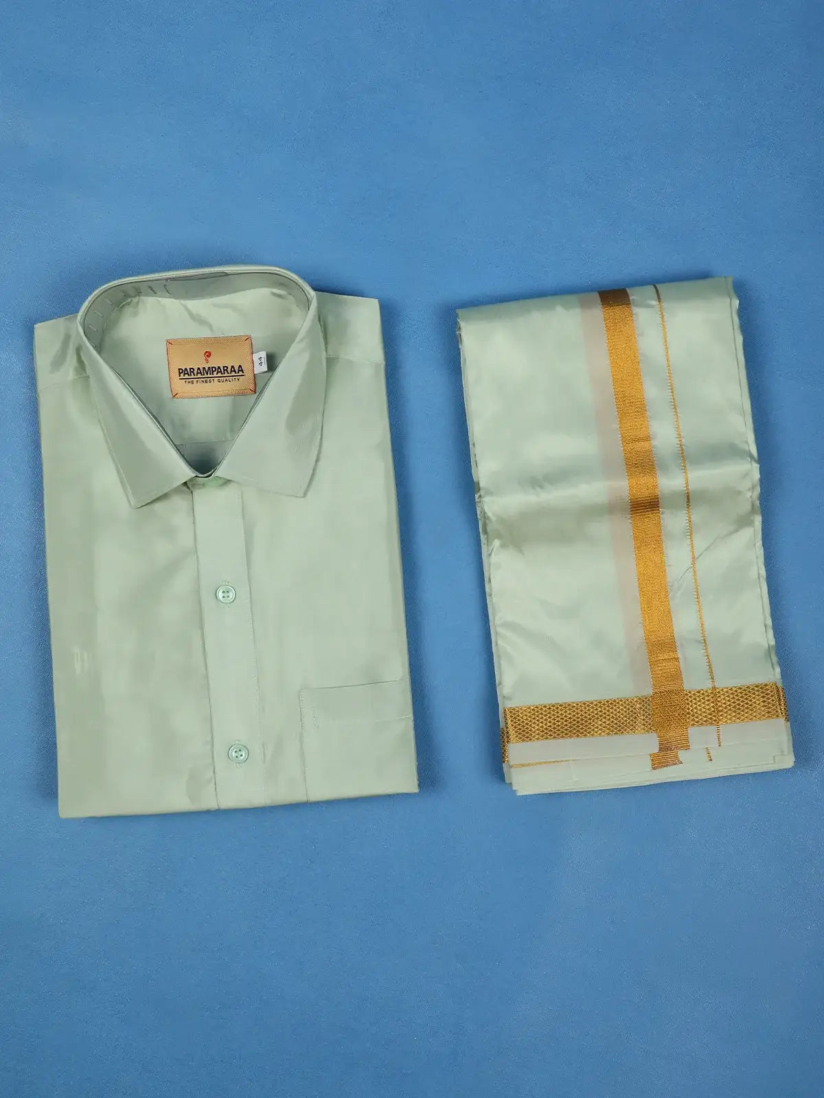 Pista Green Plain Semi Silk Full-Sleeve Shirt with Matching Dhoti Set