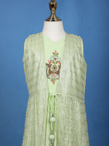 Pista Green Sequins Embroidery Net Gown - Diadem