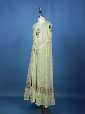 Pista Green Sequins Embroidery Net Gown - Diadem